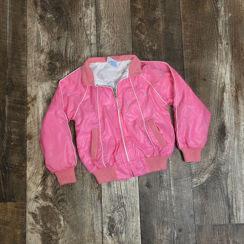 Vintage Pink Nylon Bomber Jacket 80s 90s Sears Girls Small 4 Retro Sporty